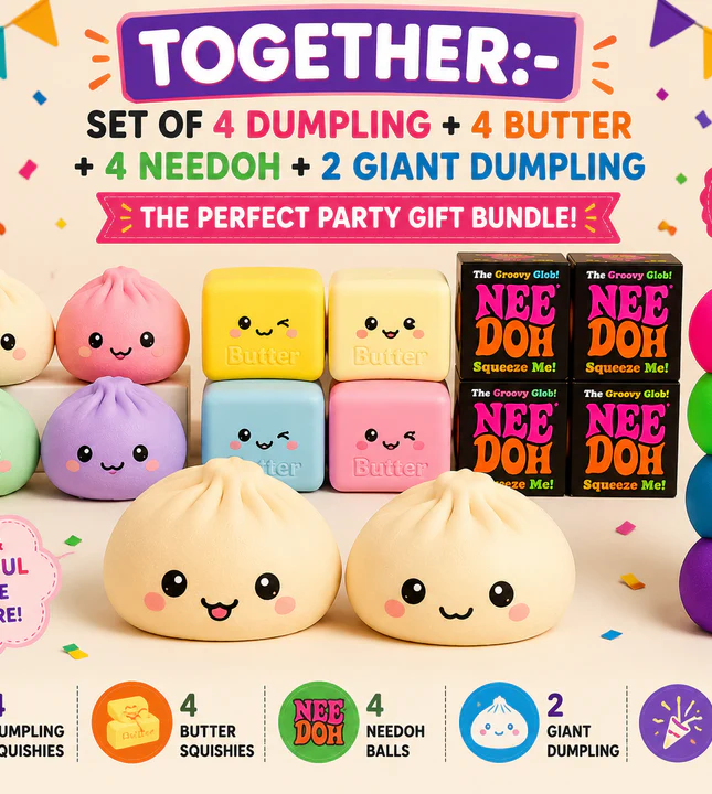 Dumpling Squishy, Needoh, Butter squishy, Giant squishy party package 1:- Set of 4 Needoh, Set of 4 jumbo butter, set of 4 Dumplings, Set of 2 Giant dumpling colors may vary