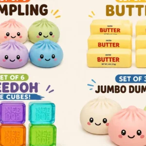 Dumpling Squishy, Needoh, Butter squishy, Giant squishy party package 2:- Set of 6 Needoh, Set of 6 jumbo butter, set of 6 Dumplings, Set of 3 Giant dumpling colors may vary