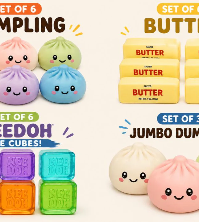 Dumpling Squishy, Needoh, Butter squishy, Giant squishy party package 2:- Set of 6 Needoh, Set of 6 jumbo butter, set of 6 Dumplings, Set of 3 Giant dumpling colors may vary