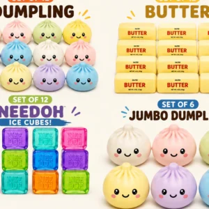 Dumpling Squishy, Needoh, Butter squishy, Giant squishy party package 3:-- Needoh Squishy Party Bundle Set of 48 — 12 Dumpling Squishies + 12 Butter Squishies + 12 NeeDoh Ice Cube + 6 Giant dumpling Dumpling Squishies