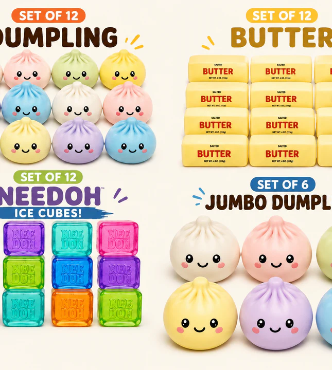 Dumpling Squishy, Needoh, Butter squishy, Giant squishy party package 3:-- Needoh Squishy Party Bundle Set of 48 — 12 Dumpling Squishies + 12 Butter Squishies + 12 NeeDoh Ice Cube + 6 Giant dumpling Dumpling Squishies