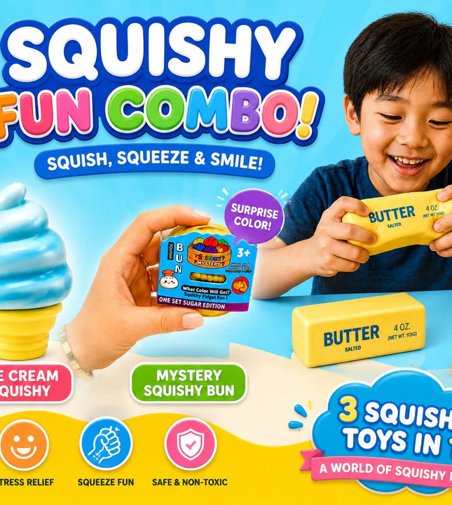 Mini glitter dumpling, Butter squishy, Ice cream cone squishy party package 1:- Set of 1 Butter squishy, Set of 1 Mini glitter dumpling, set of 1 Ice cream cone, colors may vary