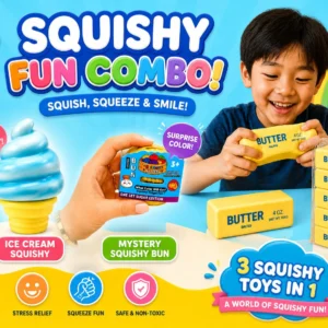 Mini glitter dumpling, Butter squishy, Ice cream cone squishy party package 1:- Set of 1 Butter squishy, Set of 1 Mini glitter dumpling, set of 1 Ice cream cone, colors may vary