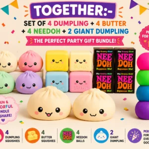 Dumpling Squishy, Needoh, Butter squishy, Giant squishy party package 1:- Set of 4 Needoh, Set of 4 jumbo butter, set of 4 Dumplings, Set of 2 Giant dumpling colors may vary