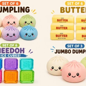 Dumpling Squishy, Needoh, Butter squishy, Giant squishy party package 2:- Set of 6 Needoh, Set of 6 jumbo butter, set of 6 Dumplings, Set of 3 Giant dumpling colors may vary