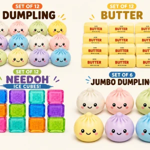 Dumpling Squishy, Needoh, Butter squishy, Giant squishy party package 3:-- Needoh Squishy Party Bundle Set of 48 — 12 Dumpling Squishies + 12 Butter Squishies + 12 NeeDoh Ice Cube + 6 Giant dumpling Dumpling Squishies