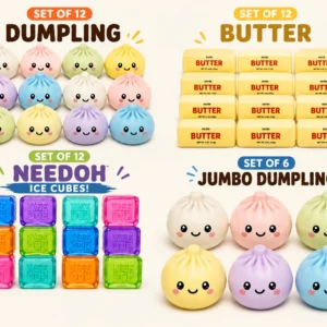 Dumpling Squishy, Needoh, Butter squishy, Giant squishy party package 3:-- Needoh Squishy Party Bundle Set of 48 — 12 Dumpling Squishies + 12 Butter Squishies + 12 NeeDoh Ice Cube + 6 Giant dumpling Dumpling Squishies
