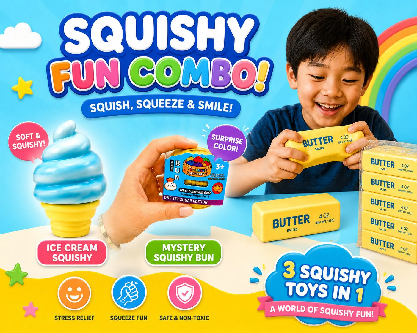 Mini glitter dumpling, Butter squishy, Ice cream cone squishy party package 1:- Set of 3 Butter squishy, Set of 3 Mini glitter dumpling, set of 3 Ice cream cone, colors may vary